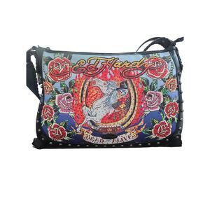 Ed Hardy Lg Hobo Bag Dead Or Alive Rhinestone Horse Skeleton Flowers Tattoo NWT